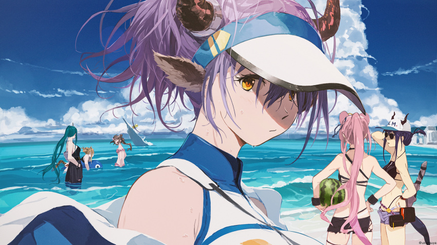 6+girls animal_ears arknights arm_up bangs bare_shoulders bikini black_bikini black_hair black_skirt blonde_hair blue_sky breasts camisole ch'en_(arknights) closed_mouth cow_ears cow_horns day eyjafjalla_(arknights) eyjafjalla_(summer_flowers)_(arknights) female_tourist_c_(arknights) folded_ponytail food fruit green_hair hair_between_eyes hand_on_hip highres horizon horns horns_through_headwear hoshiguma_(arknights) inflatable_toy large_breasts lin_yuhsia_(arknights) long_hair looking_at_viewer miniskirt multiple_girls ocean official_alternate_costume orange_eyes outdoors pink_bikini purple_hair purple_shorts sheath sheathed short_hair short_shorts shorts sidelocks sideroca_(arknights) sideroca_(light_breeze)_(arknights) skirt sky sleeveless solo_focus sunglasses swimsuit swire_(arknights) sword tail tiger_tail uki_atsuya upper_body very_long_hair visor_cap wading water watermelon weapon weapon_on_back wet white_headwear wristband