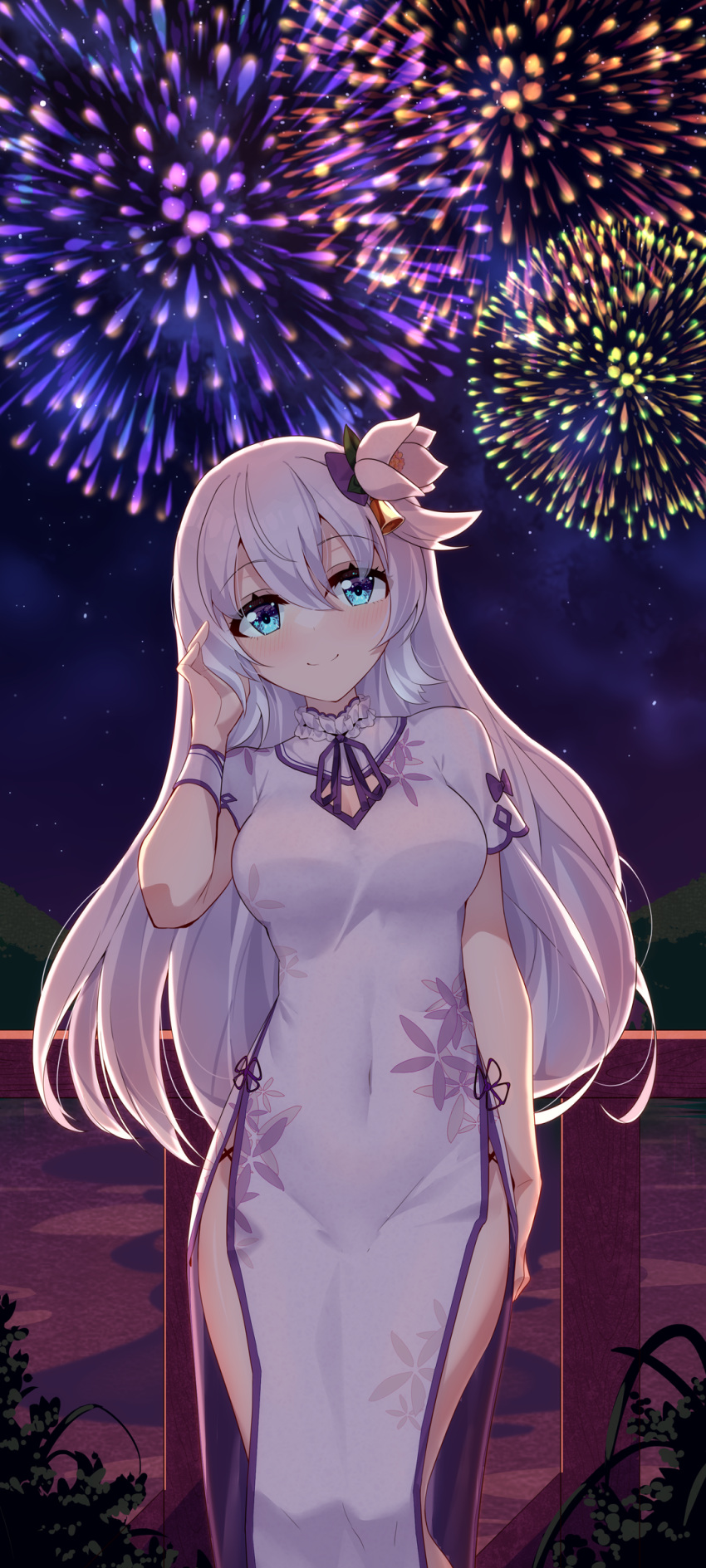 1girl absurdres bell_channel breasts china_dress chinese_clothes ddt_(darktrident) dress fireworks flower hair_flower hair_ornament highres long_hair looking_at_viewer medium_breasts night night_sky outdoors shirosaki_bell short_sleeves sky smile solo star_(sky) very_long_hair virtual_youtuber white_dress white_hair