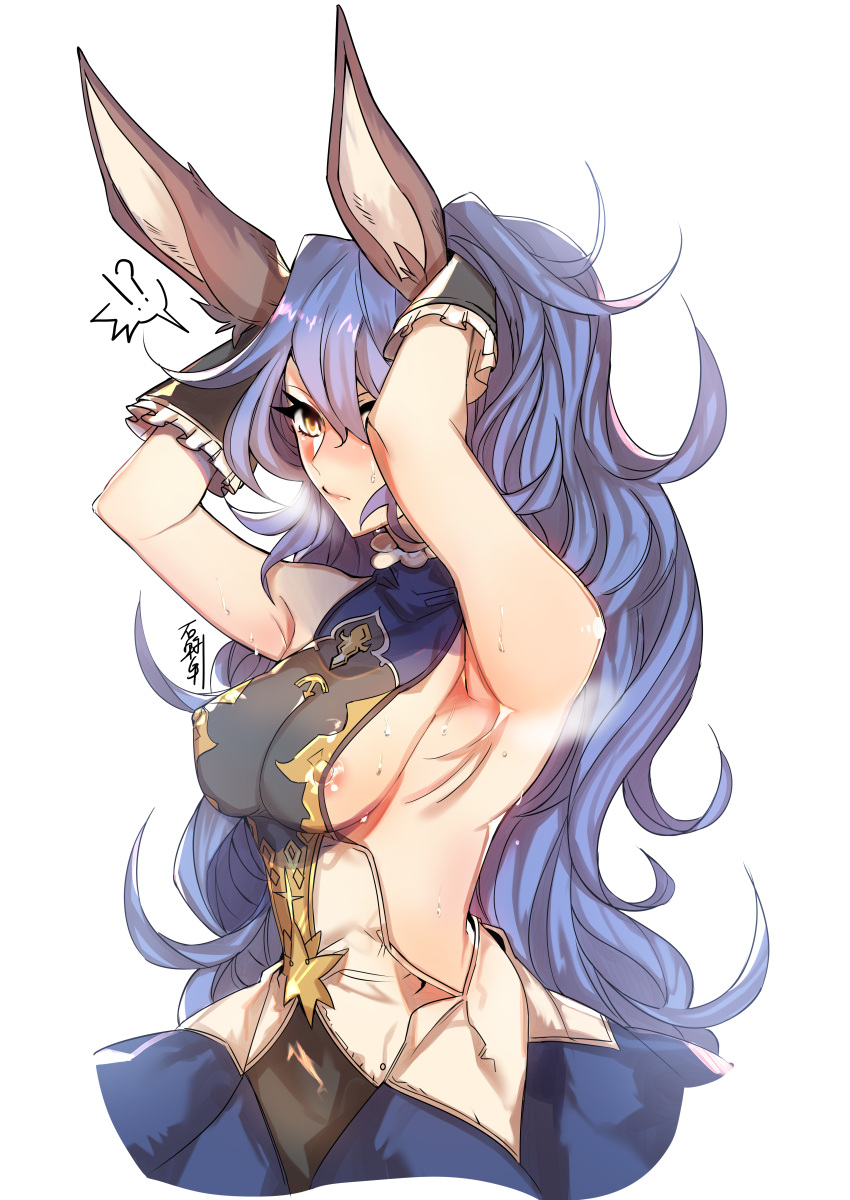 !? 1girl absurdres animal_ears areolae armpit_crease armpits arms_behind_head arms_up bangs black_gloves blue_hair blush breasts breath covered_nipples dress erune ferry_(granblue_fantasy) frilled_gloves frills from_side gloves granblue_fantasy hair_between_eyes highres long_hair medium_breasts nipples roas01b short_dress sideboob simple_background sleeveless sleeveless_dress solo steam steaming_body sweat sweatdrop turtleneck turtleneck_dress white_background yellow_eyes