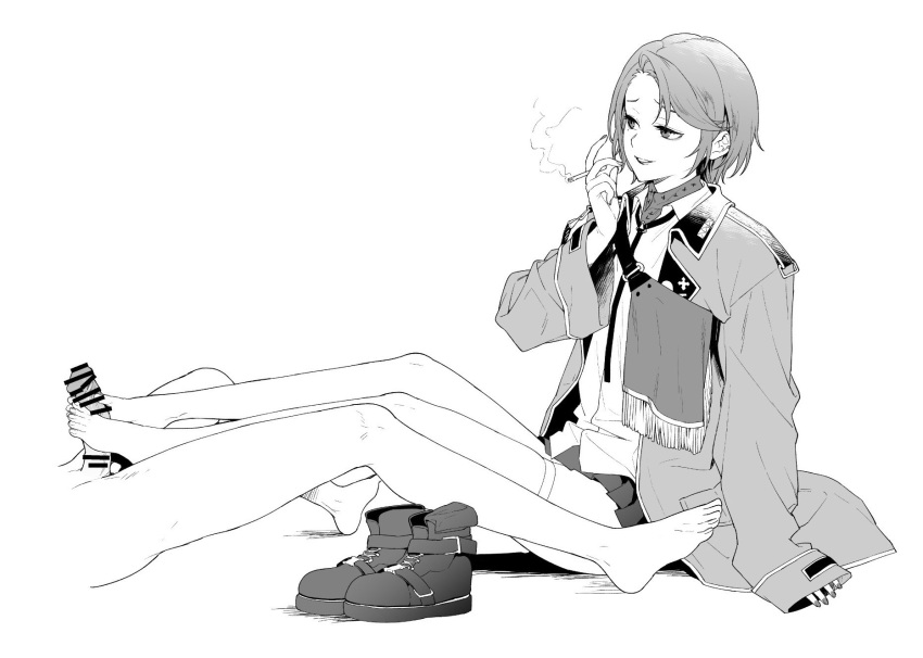 1boy 1girl amanekuu bar_censor bare_legs barefoot boots boots_removed caligula_(game) caligula_2 censored cigarette collared_shirt erection footjob greyscale highres jacket kudan_(caligula_2) looking_at_another monochrome necktie open_clothes open_jacket out_of_frame parted_lips penis pleated_skirt shirt short_hair sitting skirt sleeves_past_wrists smile smoking solo_focus thigh_strap
