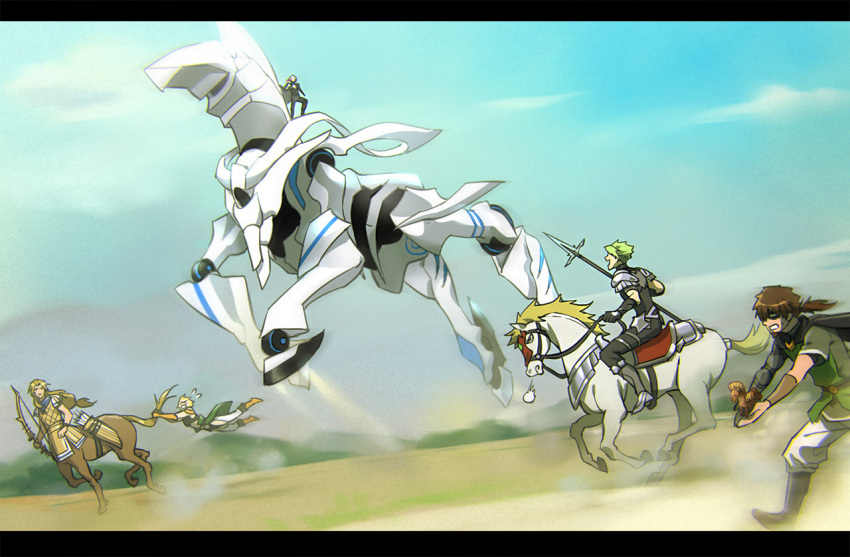 5boys achilles_(fate) armor blonde_hair bow_(weapon) brown_hair centaur changye chiron_(fate) fate/grand_order fate_(series) green_hair hector_(fate) hector_(fire_emblem) horse horseback_riding mecha multiple_boys odysseus_(fate) paris_(fate) polearm riding running spear taur troia_hippos trojan_horse weapon