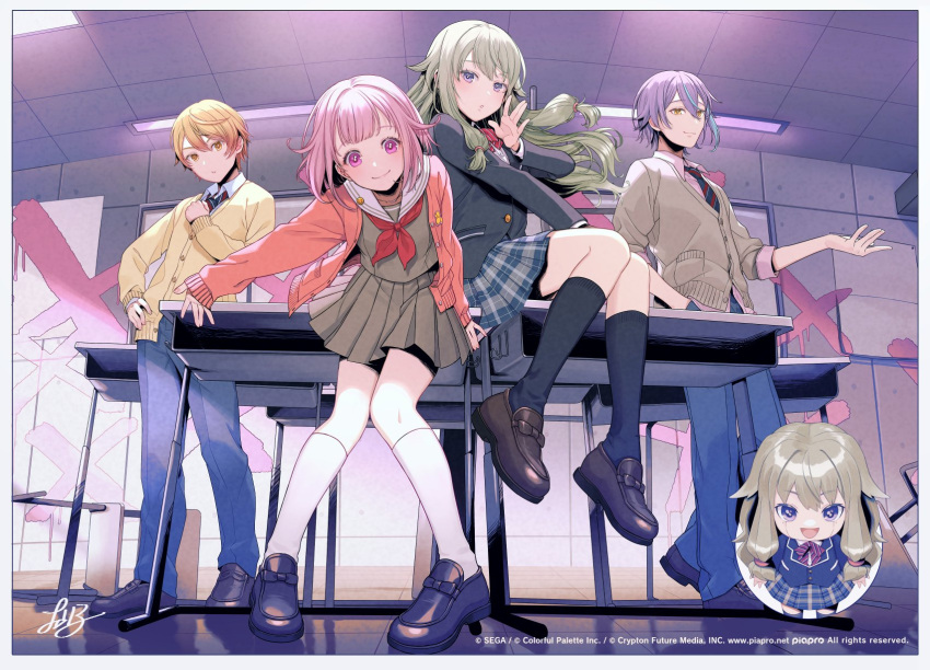 2boys 2girls :o bangs black_footwear black_jacket black_legwear blonde_hair blue_hair blue_necktie blue_pants blue_skirt bow bowtie brown_footwear chair cherico chururira_chururira_da_da_da!_(vocaloid) classroom closed_mouth commentary_request copyright crypton_future_media desk green_hair grey_jacket grey_serafuku grey_shirt grey_skirt hair_flaps highres jacket kamishiro_rui kusanagi_nene loafers long_hair long_sleeves looking_at_viewer multicolored_hair multiple_boys multiple_girls neckerchief necktie nenerobo official_art on_desk ootori_emu pants piapro pink_eyes pink_hair pink_jacket plaid plaid_skirt pleated_skirt project_sekai purple_hair red_bow red_bowtie red_neckerchief sailor_collar shirt shoes short_hair sidelocks sitting sitting_on_desk skirt sleeves_past_wrists socks streaked_hair striped_necktie tenma_tsukasa white_legwear white_sailor_collar yellow_eyes yellow_jacket