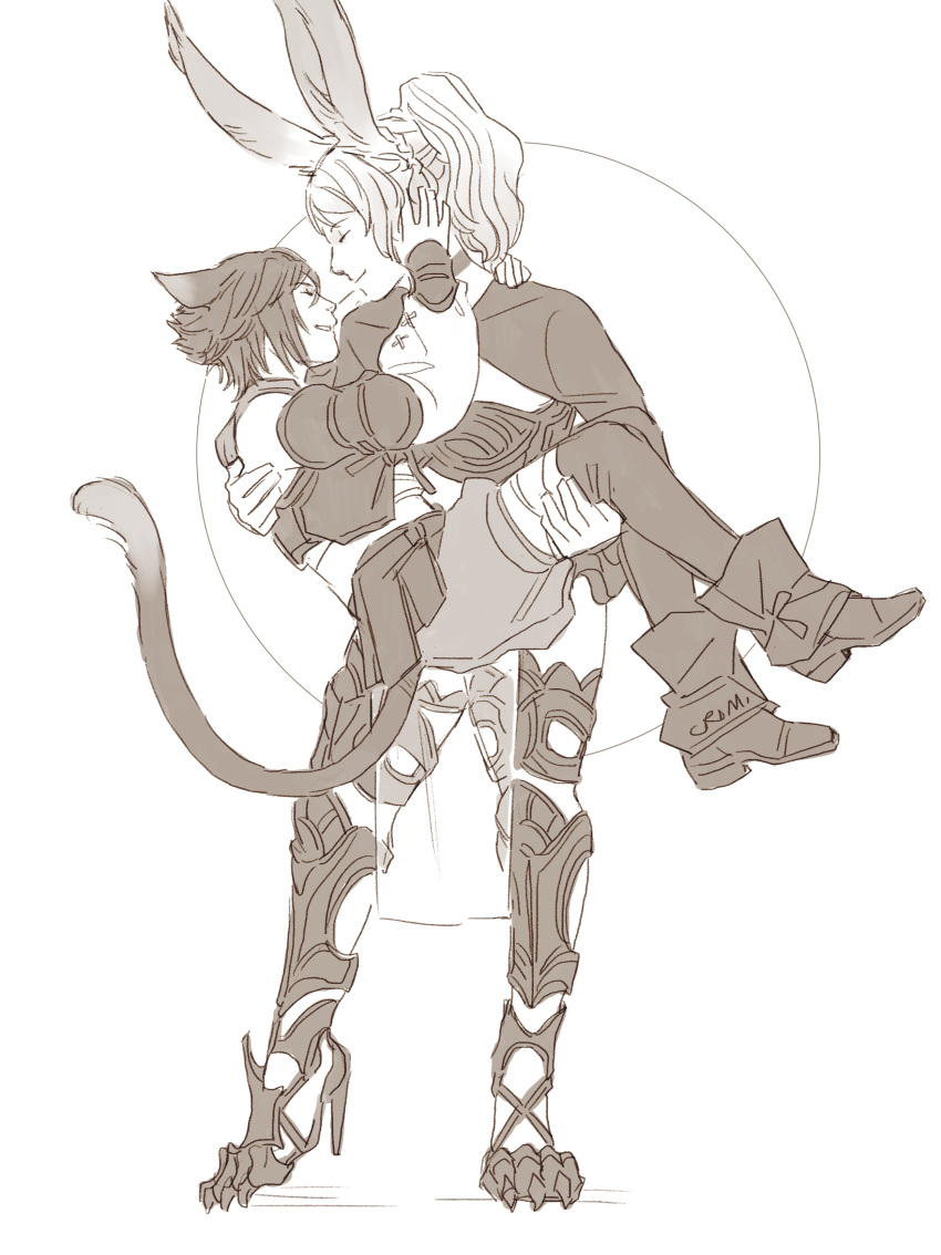 1boy 1girl absurdres alternate_costume alternate_universe animal_ears carrying cat_ears cat_tail claws couple crimson_sun final_fantasy final_fantasy_xiv final_fantasy_xv greyscale hand_on_another's_face happy high_heels highres lunafreya_nox_fleuret miqo'te monochrome noctis_lucis_caelum official_alternate_costume pelvic_curtain ponytail princess_carry rabbit_ears tail tall_female viera