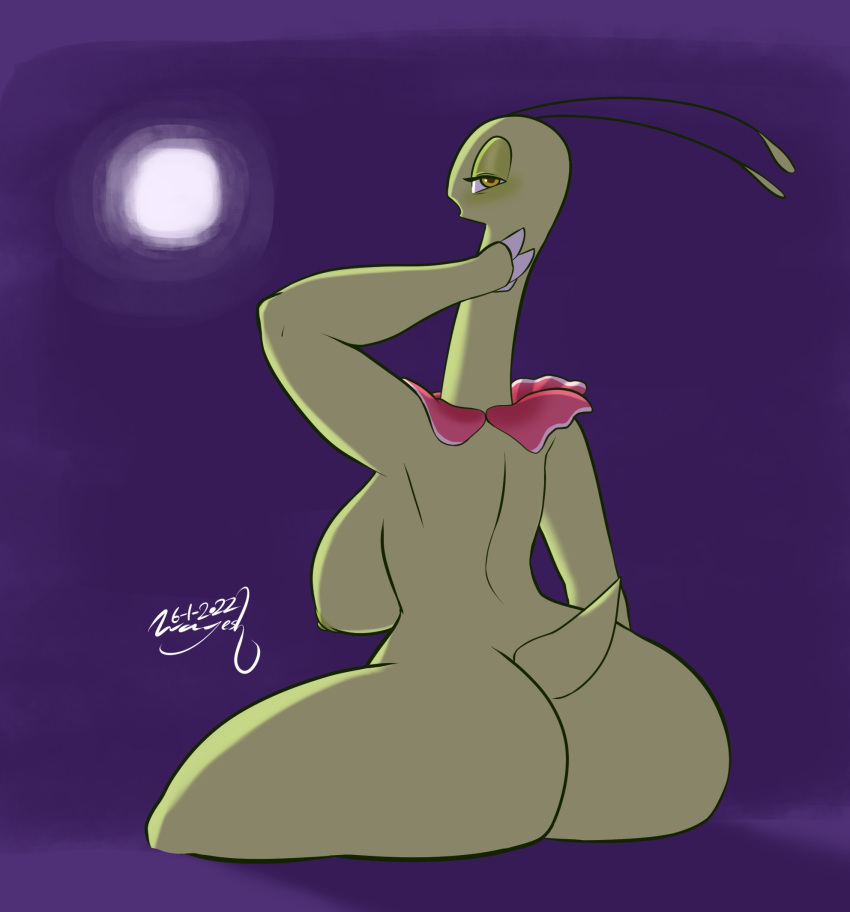 2022 anthro areola big_breasts blush breasts dated female flower green_areola green_nipples hi_res long_neck meganium moon night nintendo nipples plant pok&eacute;mon pok&eacute;mon_(species) rear_view signature sitting solo video_games wayesh yellow_eyes