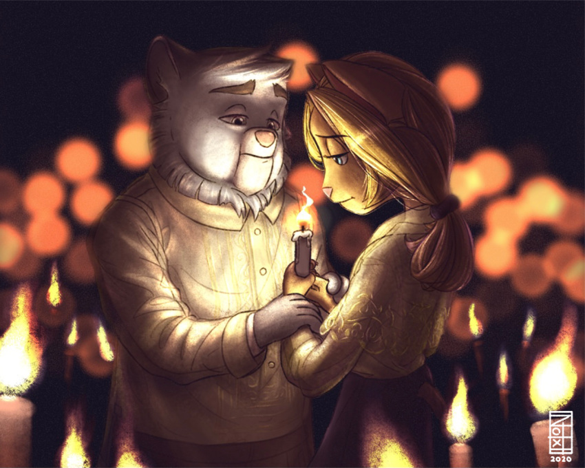 2020 anthro artist_notxtwhiledrive barong_(clothing) blonde_hair blue_eyes blurred_background bobby_(lackadaisy) bobby_bastion bokeh candle candlelight candlestick depth_of_field detailed digital_drawing_(artwork) digital_media_(artwork) domestic_cat duo elsa_(lackadaisy) eye_contact felid feline felis female hair hand_holding holding_object lackadaisy light looking_at_another looking_at_partner male male/female mammal night portrait sad somber tied_hair webcomic