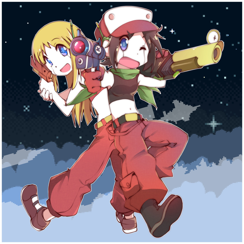 2girls absurdres blonde_hair blue_eyes brown_hair colored_skin cosplay crop_top curly_brace curly_brace_(cosplay) doukutsu_monogatari eyebrows_visible_through_hair full_body gloves green_scarf gun hat highres hinata_yukari holding holding_gun holding_weapon humanoid_robot long_hair looking_at_viewer majormilk multicolored_clothes multicolored_headwear multiple_girls navel open_mouth pants purple_eyes quote_(doukutsu_monogatari) quote_(doukutsu_monogatari)_(cosplay) red_gloves red_headwear red_pants scarf short_hair sleeveless smile weapon white_headwear white_skin yuyushiki