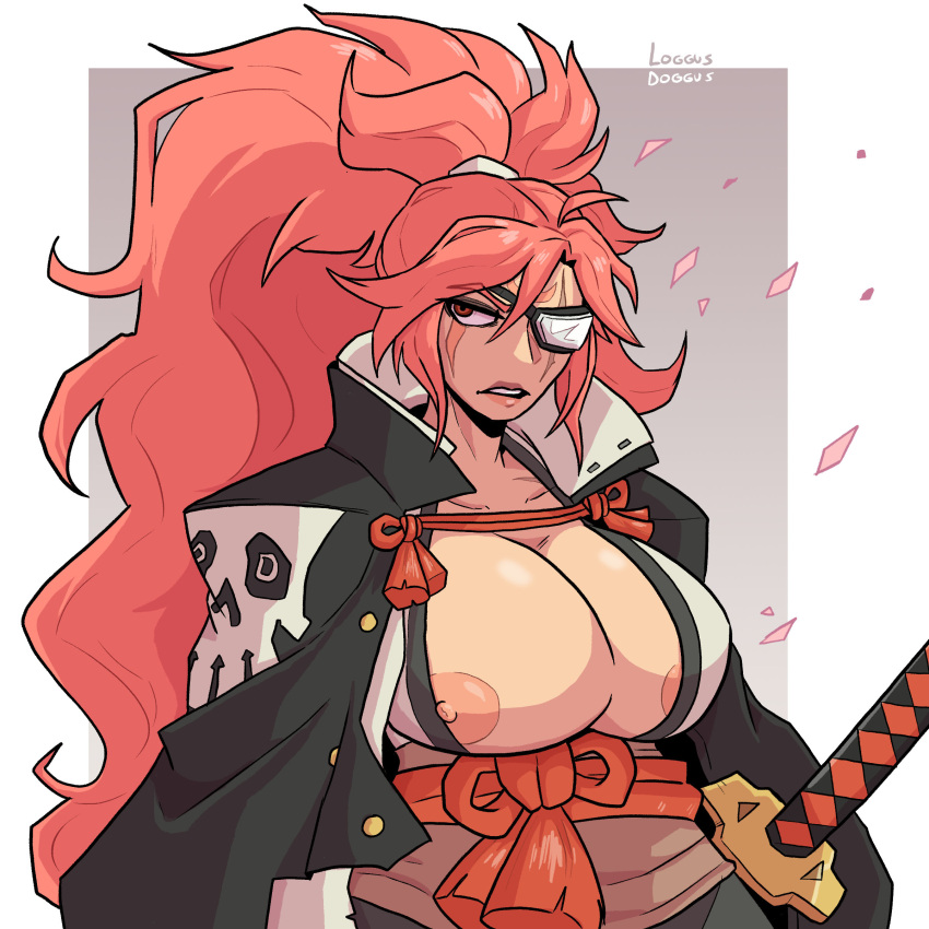 absurdres annoyed baiken breasts busty cape cherry_blossoms cloak eyepatch facepaint guilty_gear guilty_gear_strive highres katana large_breasts loggus_doggus nipple_slip nipples non-web_source one-eyed pink_hair ponytail red_hair samurai self_upload simple_background sword weapon