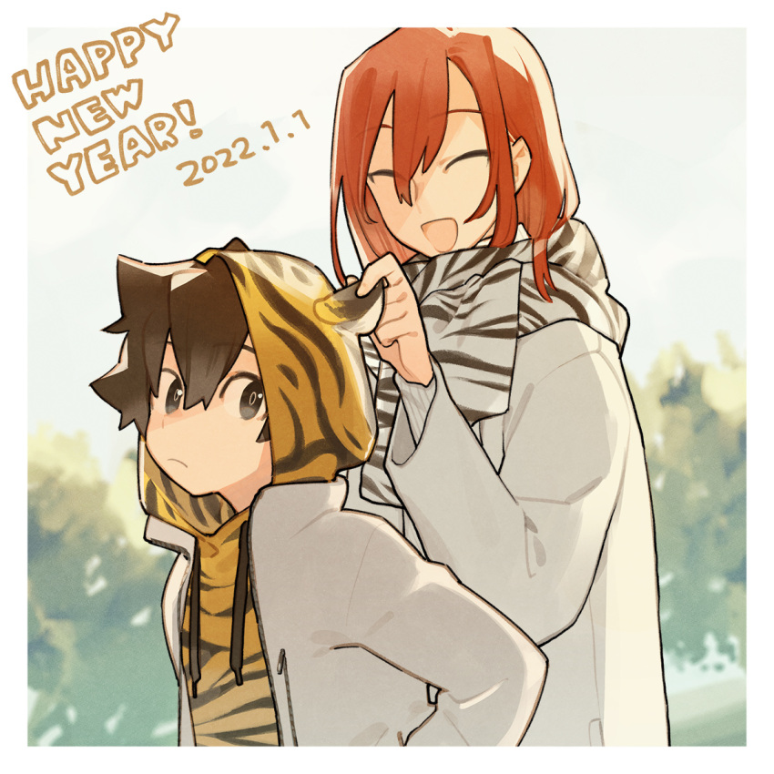 1boy 1girl 2022 animal_costume animal_ears animal_print brown_hair closed_eyes closed_mouth forest happy_new_year highres jacket nakatani_nio nature new_year open_mouth original red_hair scarf striped striped_scarf sunday tiger_costume tiger_ears tiger_print touching touching_ears white_jacket