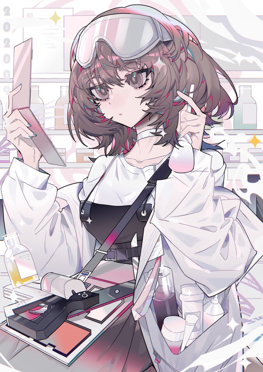 1girl absurdres apron arknights black_apron blue_nails bottle brown_eyes brown_hair choker closed_mouth coat collarbone commentary dated expressionless goggles goggles_on_head hands_up highres holding holding_mirror indoors long_sleeves makeup_brush medium_hair mirror roberta_(arknights) shirt solo sparkle symbol-only_commentary syringe_gun taowu_(20809) upper_body white_choker white_coat white_shirt
