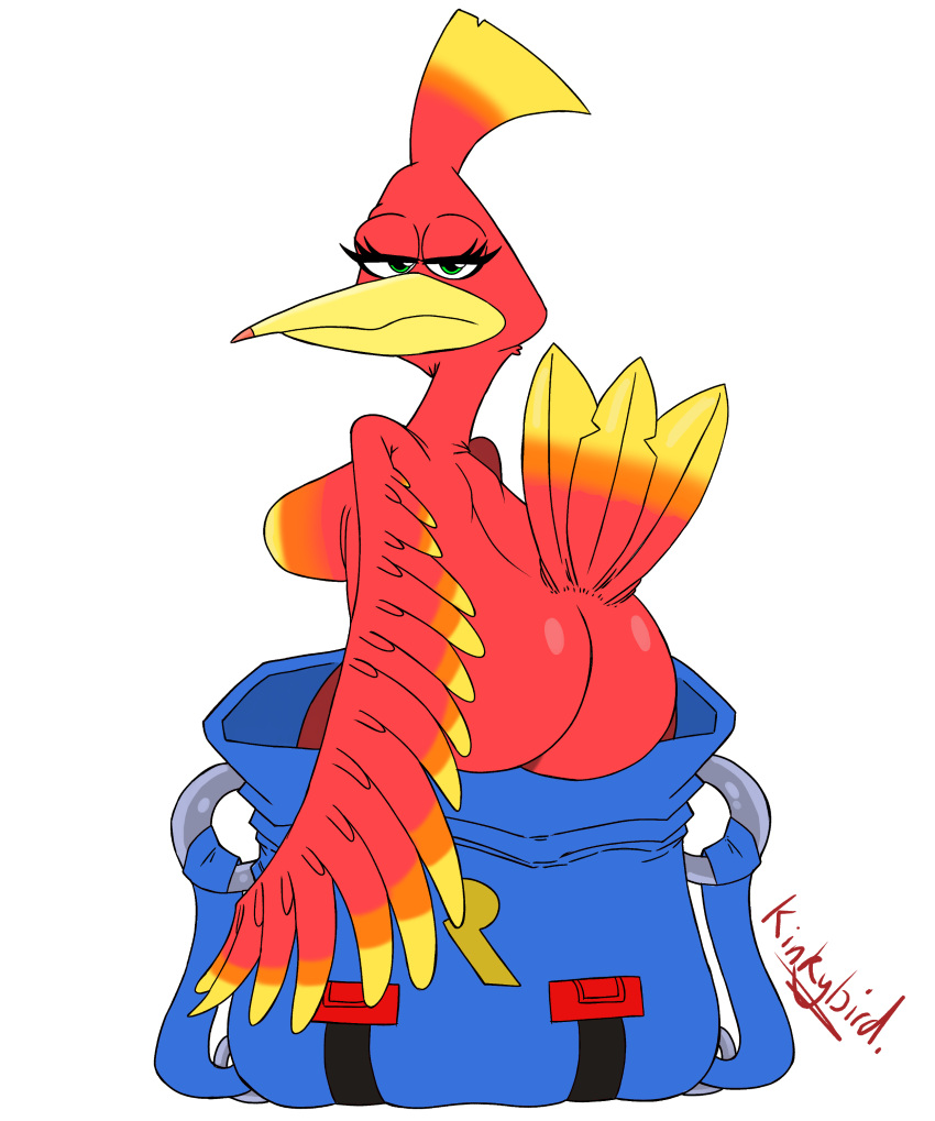 absurd_res anthro avian banjo-kazooie beak big_butt breasts breegull butt feathered_wings feathers female half-closed_eyes hi_res in_backpack kazooie kinkybird looking_at_viewer looking_back narrowed_eyes nude rareware side_boob simple_background solo unimpressed video_games white_background wings