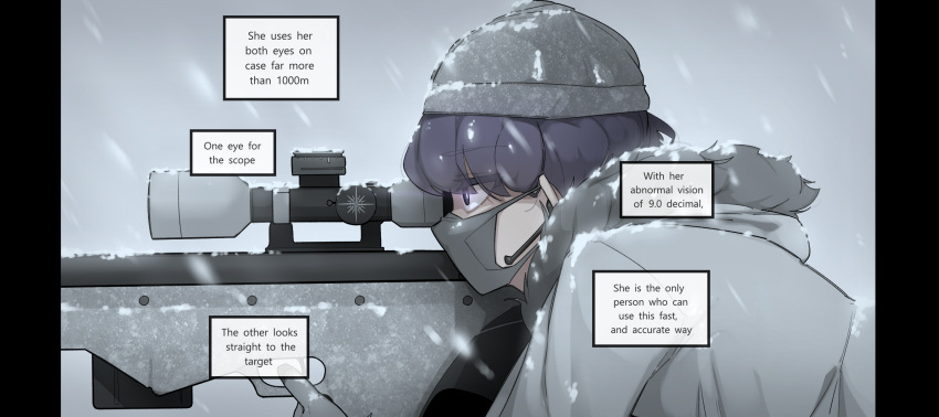 1girl black_eyes cup earpiece english_commentary english_text eyebrows_visible_through_hair eyes_visible_through_hair from_side fur-trimmed_hood fur_trim gloves gun highres holding holding_cup hood hood_down hoodie korean_commentary long_hair mask mixed-language_commentary mouth_mask oddsnail original purple_hair rifle simple_background sniper sniper_rifle sniper_scope snowing solo weapon