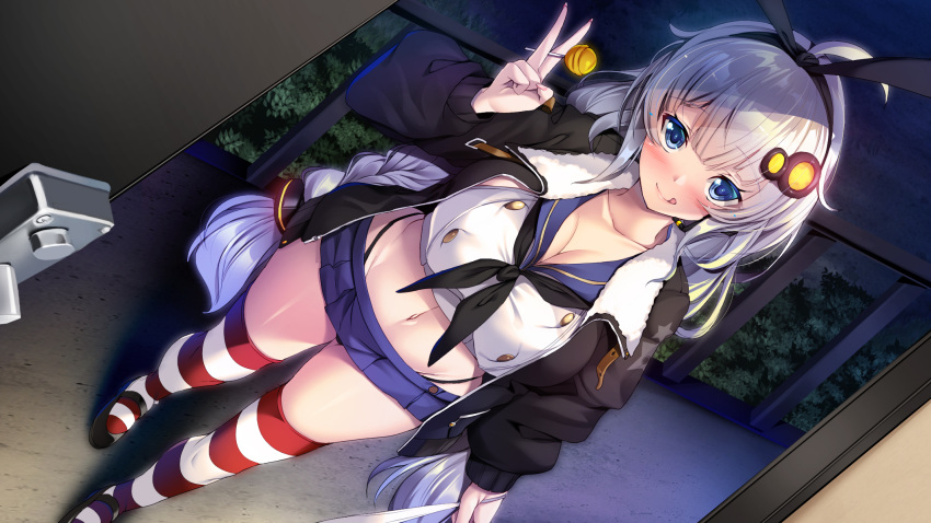 1girl :p bag bangs black_coat black_neckwear blue_eyes blue_sailor_collar blue_skirt blunt_bangs braid breasts bush buttons candy cleavage coat collarbone commentary_request cosplay doorway double-breasted dutch_angle eyebrows_visible_through_hair food full_body hair_ornament hairband highleg highleg_panties highres holding holding_bag holding_candy holding_food holding_lollipop kantai_collection kizuna_akari large_breasts licking_lips lollipop long_hair looking_at_viewer miniskirt navel night open_clothes open_coat panties pleated_skirt railing sailor_collar school_uniform serafuku shimakaze_(kancolle) shimakaze_(kancolle)_(cosplay) shirt silver_hair skirt solo standing striped striped_legwear thighhighs tongue tongue_out torisan underwear v very_long_hair voiceroid white_shirt