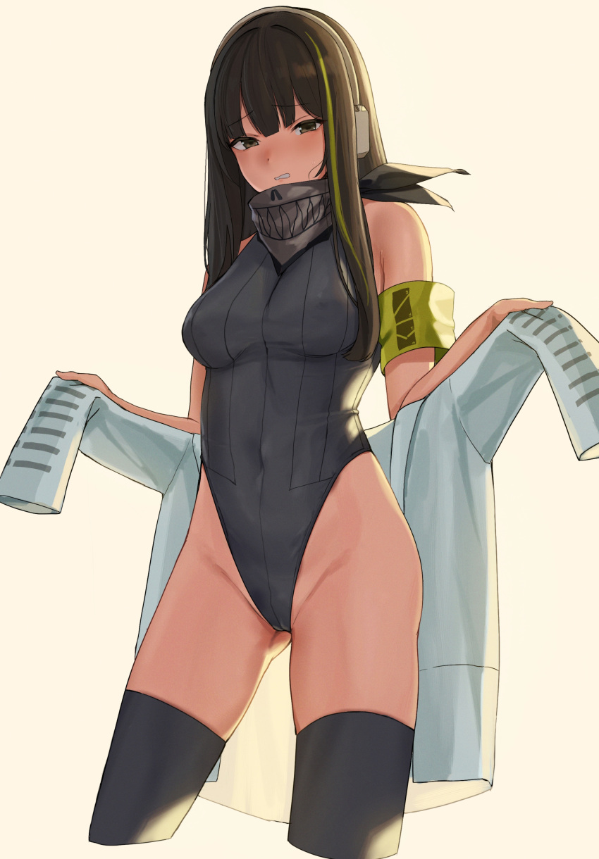1girl absurdres armband ass_visible_through_thighs bandana bangs bare_shoulders black_legwear black_leotard blunt_bangs blush breasts brown_eyes brown_hair covered_navel cropped_legs eyebrows_visible_through_hair girls'_frontline green_hair groin highleg highleg_leotard highres holding holding_clothes holding_shirt kuro_(zhurunbo1997) leotard long_hair looking_at_viewer m4a1_(girls'_frontline) medium_breasts multicolored_hair parted_lips shirt shirt_removed simple_background sleeveless solo streaked_hair thighhighs thighs two-tone_hair undressing white_shirt yellow_background