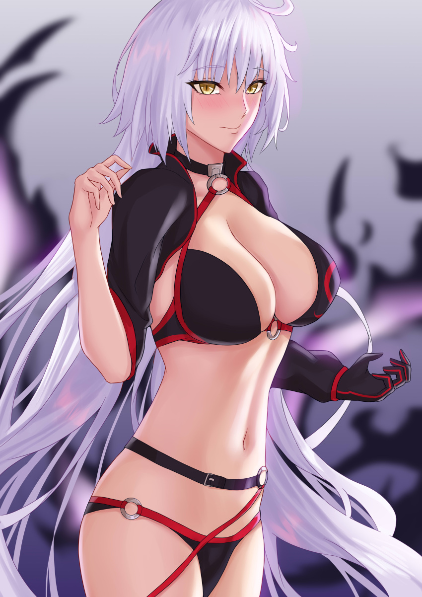 1girl absurdres ahoge bangs bikini black_bikini black_choker black_gloves black_jacket blush breasts choker cleavage collarbone cropped_jacket fate/grand_order fate_(series) freed_turing gloves highres jacket jeanne_d'arc_(alter_swimsuit_berserker)_(fate) jeanne_d'arc_(fate) large_breasts long_hair long_sleeves looking_at_viewer o-ring o-ring_bikini shrug_(clothing) silver_hair smile solo swimsuit thighs very_long_hair yellow_eyes