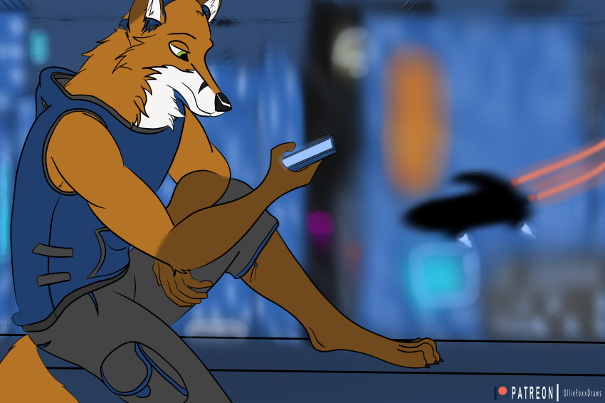 absurd_res anthro arm_on_leg blurred_background bottomwear canid canine clothing distracted fenn_(olliefoxx) flying_car fox fur green_eyes headphones hi_res looking_at_object looking_at_phone male mammal olliefoxx orange_body orange_fur phone relaxing shorts sitting sleeveless_hoodie solo