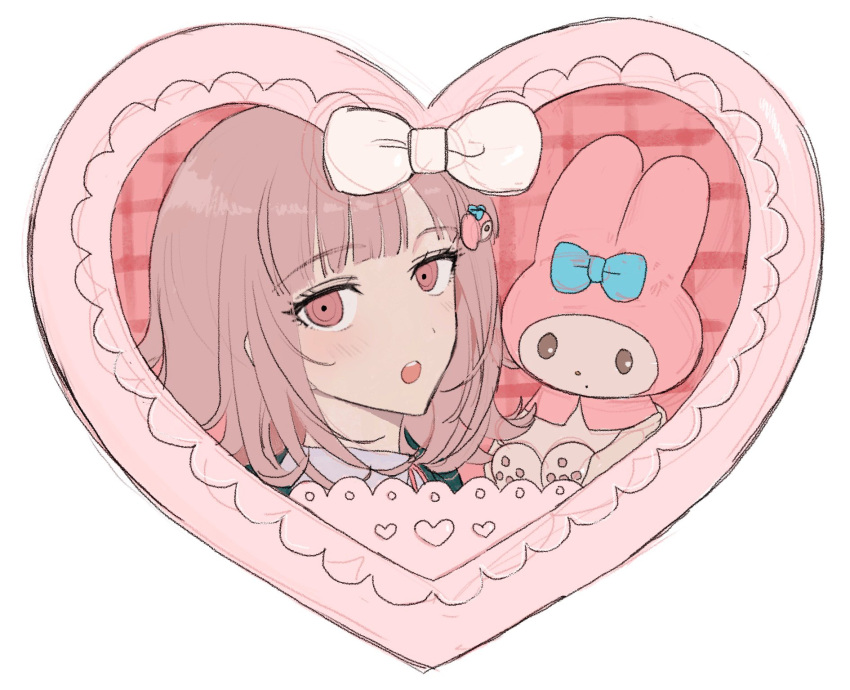 1girl :o bangs blunt_bangs blush bow copyright_request danganronpa_(series) danganronpa_2:_goodbye_despair eyebrows_visible_through_hair green_bow hair_ornament heart highres medium_hair nanami_chiaki pink_background pink_eyes plaid plaid_background shiny shiny_hair simple_background teeth upper_teeth vo1ez white_background white_bow