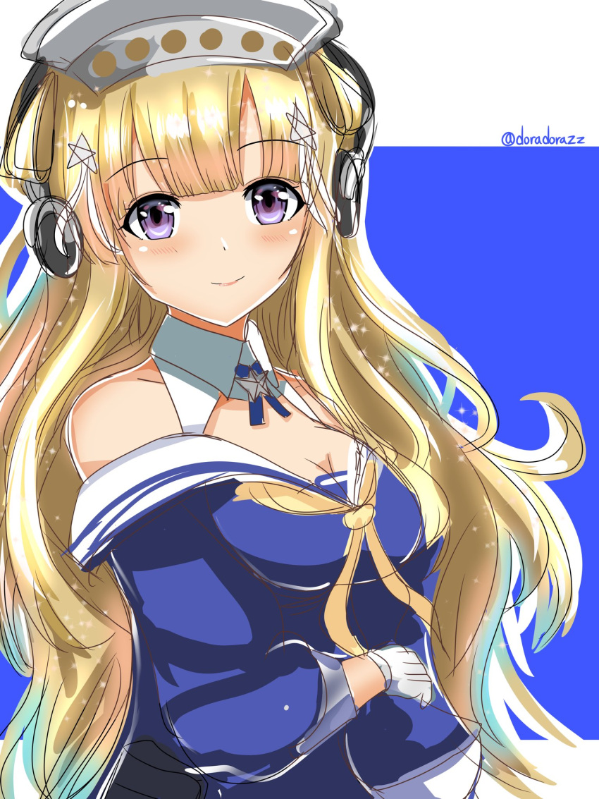 1girl blonde_hair blue_background blue_eyes blue_shirt breasts cleavage doradorazz double_bun earphones eyebrows_visible_through_hair fletcher_(kancolle) fletcher_mk_ii_(kancolle) hair_ornament hairband highres kantai_collection large_breasts long_hair looking_at_viewer neckerchief off_shoulder purple_eyes remodel_(kantai_collection) sailor_collar school_uniform serafuku shirt smile solo star_(symbol) star_hair_ornament two-tone_background upper_body white_background white_sailor_collar yellow_neckerchief