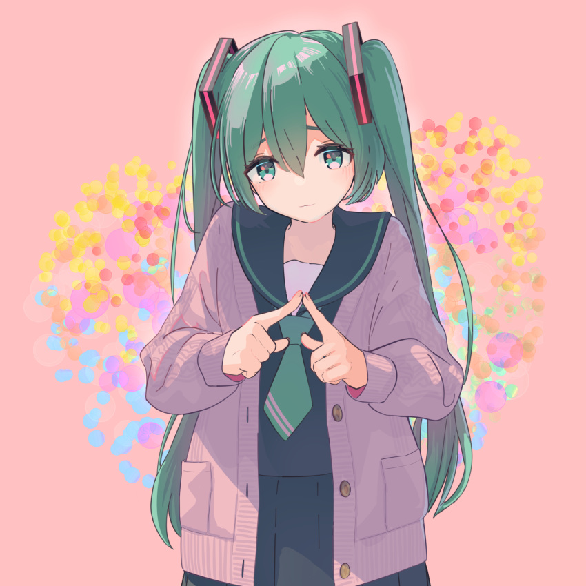 1girl aqua_eyes bangs clip_studio_paint_(medium) closed_mouth clothing_request cowboy_shot dotted_background eyebrows_behind_hair fingers_together green_hair green_necktie hair_between_eyes hair_ornament hands_up hatsune_miku heart highres index_fingers_together light_blush light_smile long_hair long_sleeves looking_at_viewer multicolored_background necktie open_clothes pink_background sailor_collar school_uniform serafuku solo standing symbol-only_commentary tabata_mihira twintails vocaloid