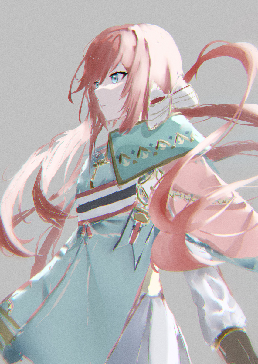 1girl absurdres aqua_jacket bangs bow carcano_m1891_(girls'_frontline) closed_mouth eyebrows_visible_through_hair girls'_frontline hair_bow highres jacket light_blue_eyes long_hair looking_away pink_hair simple_background solo uniform upper_body wh1te