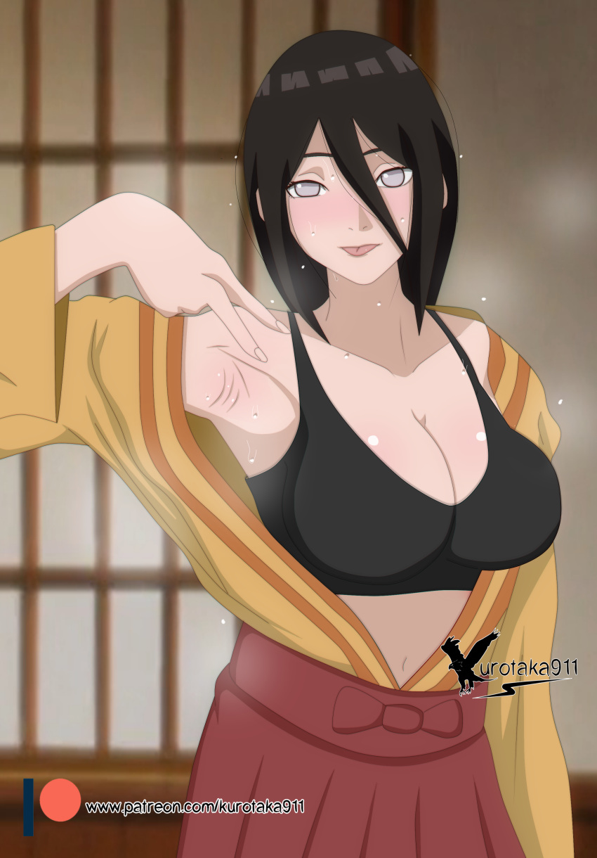 1girl absurdres agung911 arm_up armpits bangs black_bra black_hair blurry blurry_background blush boruto:_naruto_next_generations bra breasts cleavage door highres hyuuga_hanabi indoors large_breasts looking_at_viewer loose_clothes naruto_(series) navel purple_eyes robe shiny shiny_hair signature skirt steam steaming_body tongue tongue_out underwear v