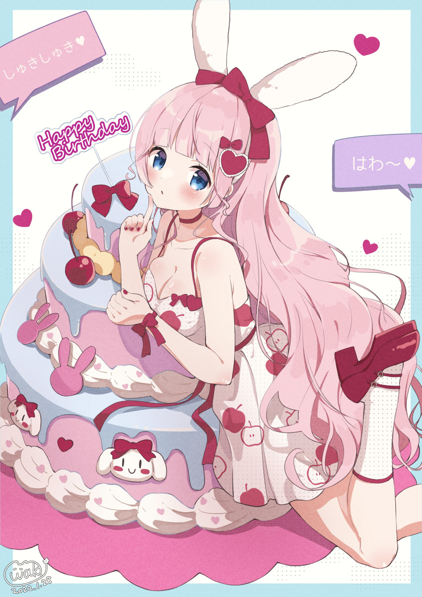 1girl absurdres animal_ears bare_shoulders blue_background blue_eyes blush bow breasts cake choker cleavage collarbone commentary_request dated dress ear_bow food hair_ornament happy_birthday heart heart_hair_ornament high_heels highres layer_cake leg_up long_hair medium_breasts neki_(wakiko) original parted_lips pink_hair rabbit_ears red_bow red_choker red_footwear shoes signature sleeveless sleeveless_dress socks solo translation_request two-tone_background very_long_hair white_background white_dress white_legwear