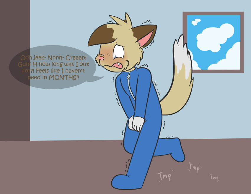 2020 absurd_res anthro arms_in_front bent_leg big_ears blue_eyes blue_onesie blush bottomwear brown_body brown_fur bursting caught_off_guard clenched_fists clothed clothing cute_fangs desperation dialogue digital_drawing_(artwork) digital_media_(artwork) domestic_cat english_text extended_arms eyes_closed feet felid feline felis fist fluffy fluffy_tail fur hands_on_crotch hands_on_own_crotch hi_res holding_crotch male mammal nervous omorashi on_one_leg onesie open_mouth pajamas potty_dance potty_training practice prick_ears ritz_(ritzcat) ritzcat running scared shaking simple_background solo sound_effects standing straight_leg struggling surprise surprised_expression surprised_eyes surprised_face surprised_look teeth text trembling wall_(structure) white_body white_fur worried worried_face worried_look yellow_body yellow_fur