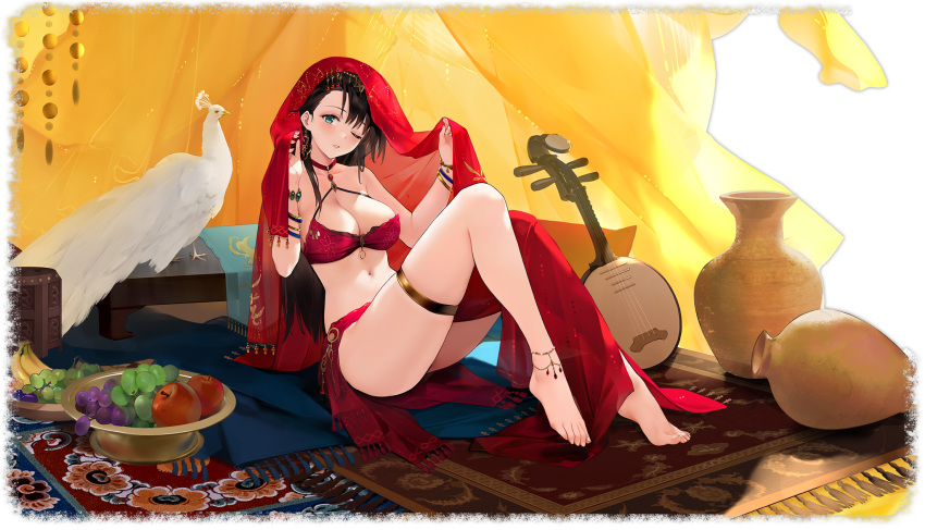 1girl anklet arizona_(azur_lane) arizona_(enchantress_from_afar)_(azur_lane) azur_lane bare_shoulders barefoot black_hair bracelet breasts chinese_new_year cleavage collarbone feet full_body grey_eyes hair_ornament highres instrument jewelry large_breasts long_hair looking_at_viewer midriff navel official_alternate_costume official_art one_eye_closed sitting suisai thigh_strap toes transparent_background veil