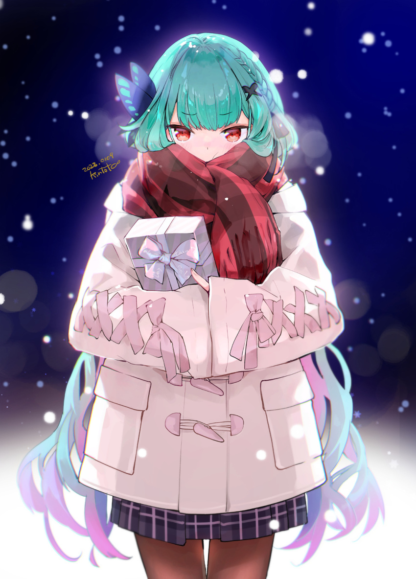 1girl bangs box braid coat cowboy_shot dated eyebrows_visible_through_hair gift gift_box green_hair hair_ornament highres holding holding_gift hololive kintotomaturi long_hair looking_at_viewer pout red_eyes ribbon_trim scarf scarf_over_mouth snowing solo uruha_rushia virtual_youtuber