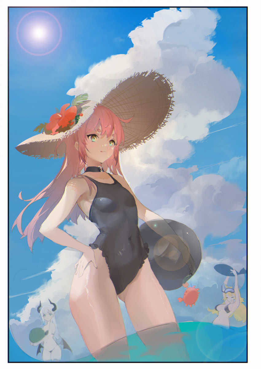 0_0_0 3girls absurdres ass_visible_through_thighs ball black_choker black_swimsuit blue_sky border breasts casual_one-piece_swimsuit choker collarbone covered_navel cumulonimbus_cloud floating_hair flower framed frilled_swimsuit frills hat hat_flower hibiscus highres holding holding_ball long_hair multiple_girls one-piece_swimsuit original pink_hair red_flower shiny shiny_hair sky small_breasts solo_focus straw_hat summer sun sun_hat swimsuit tongue tongue_out wading white_border white_headwear yellow_eyes
