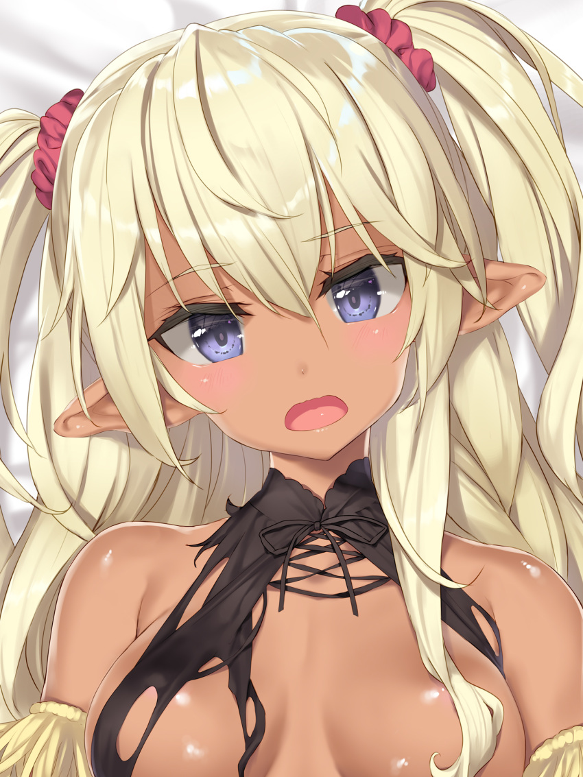 1girl bangs bare_shoulders black_ribbon blue_eyes blush breasts dark-skinned_female dark_skin edelgard eyebrows_visible_through_hair hair_between_eyes hair_censor hair_ornament hair_over_breasts hair_scrunchie highres isekai_maou_to_shoukan_shoujo_no_dorei_majutsu long_hair looking_at_viewer medium_breasts neck_ribbon open_mouth pointy_ears red_scrunchie ribbon scrunchie shiny shiny_hair shiny_skin silver_hair solo torn_clothes tsurusaki_takahiro twintails upper_body