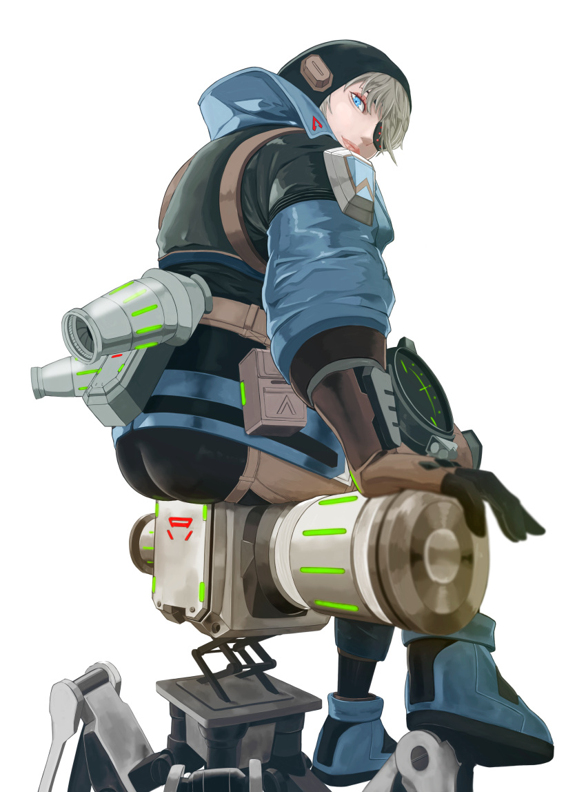 1girl absurdres apex_legends ass bangs black_eyepatch black_headwear black_pants blue_eyes blue_footwear blue_jacket brown_gloves deep_current_wattson eyepatch from_side gloves grey_hair highres jacket official_alternate_costume one_eye_covered pants sitting smile solo suzusiron thrusters wattson_(apex_legends) white_background