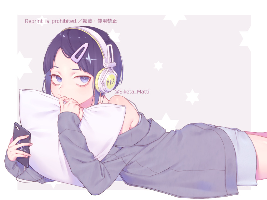 1girl blue_eyes blue_hair boku_no_hero_academia cellphone commentary_request grey_hoodie hair_ornament hairclip headphones holding holding_phone hood hoodie jirou_kyouka long_sleeves lying mizuki_mau object_hug off_shoulder on_stomach phone pillow pillow_hug pout short_hair smartphone solo twitter_username