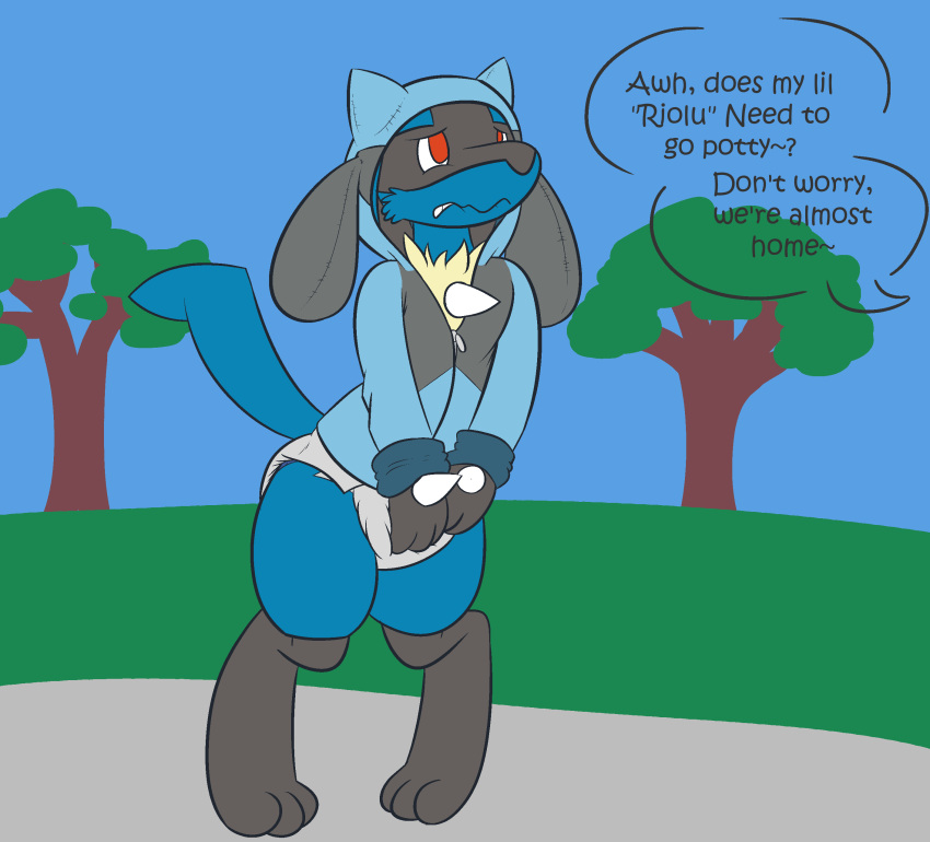 2019 absurd_res anthro blue_body blue_fur bursting canid canine clenched_teeth clothing costume desperation diaper diaper_fetish diaper_fur diaperfurry digital_drawing_(artwork) digital_media_(artwork) english_text fur hi_res holding_crotch lucario male mammal nintendo omorashi park pok&eacute;mon pok&eacute;mon_(species) psssh riolu ritzcat simple_background solo teeth text unseen_character video_games yellow_body yellow_fur