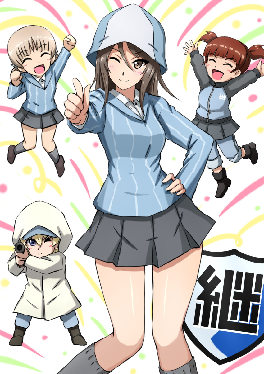 :d ;( ;) aiming_at_viewer aki_(girls_und_panzer) arm_up arms_up bangs baseball_cap black_footwear blonde_hair blue_eyes blue_headwear blue_jacket blue_pants blue_shirt blue_skirt blunt_bangs boots brown_eyes brown_hair chibi closed_eyes closed_mouth coat commentary confetti dress_shirt emblem frown girls_und_panzer grey_legwear grey_skirt gun hair_tie hand_on_hip hat highres holding holding_gun holding_weapon hooded_coat jacket jumping keizoku_(emblem) keizoku_military_uniform keizoku_school_uniform leg_up light_brown_hair long_hair long_sleeves looking_at_viewer low_twintails mika_(girls_und_panzer) mikko_(girls_und_panzer) military military_uniform miniskirt omachi_(slabco) one_eye_closed open_mouth pants pants_rolled_up pants_under_skirt pleated_skirt raglan_sleeves raised_fist red_hair school_uniform shirt short_hair short_twintails single_vertical_stripe skirt smile socks standing streamers striped striped_shirt track_jacket track_pants tulip_hat twintails uniform vertical-striped_shirt vertical_stripes weapon white_coat white_shirt wing_collar youko_(girls_und_panzer)