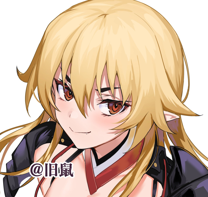 1girl blonde_hair brown_eyes closed_mouth copyright_request fang fang_out hair_flaps highres long_hair looking_at_viewer portrait simple_background smile solo ulrich_(tagaragakuin) white_background