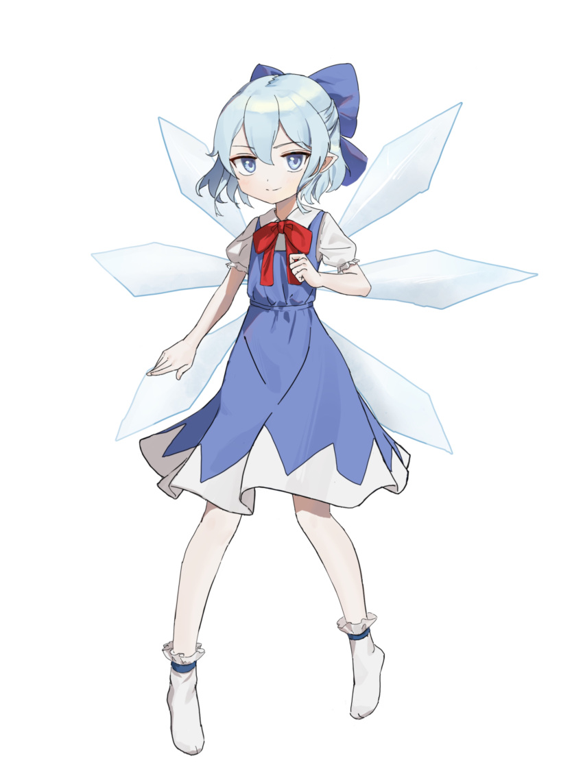 1girl absurdres bangs blue_bow blue_dress blue_eyes blue_hair bow bowtie cirno closed_mouth collared_shirt commentary_request dress eyebrows_visible_through_hair full_body hair_between_eyes hand_up highres ice ice_wings koorihibari looking_to_the_side no_shoes pointy_ears puffy_short_sleeves puffy_sleeves red_bow red_bowtie shirt short_hair short_sleeves simple_background smile socks solo standing touhou white_background white_legwear white_shirt wings