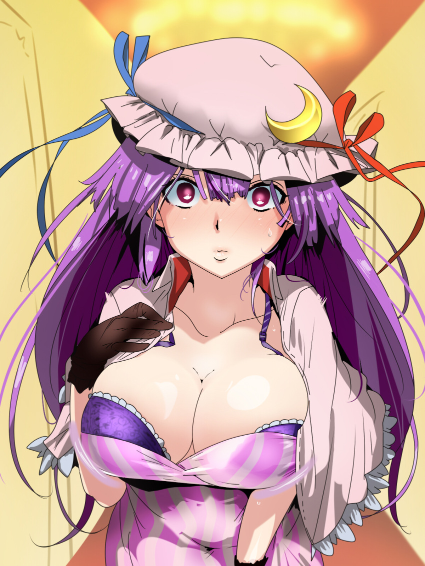1girl bangs black_gloves blush bra breasts capelet chandelier cleavage closed_mouth collarbone crescent crescent_hat_ornament dress frills full-face_blush gloves hair_between_eyes hallway hand_on_own_chest hat hat_ornament highres hyudora indoors large_breasts leaning_forward lips looking_at_viewer mob_cap patchouli_knowledge pink_capelet pink_dress pink_headwear purple_eyes purple_hair sanpaku solo sweat touhou underwear upper_body wide-eyed wing_collar