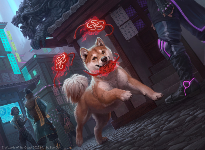 2022 4_toes brown_eyes canid canine canis caraid claws day detailed detailed_background detailed_fur digital_media_(artwork) digitigrade domestic_dog feet feral finger_claws fluffy fluffy_tail fur group hasbro hi_res human magic:_the_gathering mammal official_art outside paws quadruped smile tan_body tan_fur toe_claws toes wizards_of_the_coast
