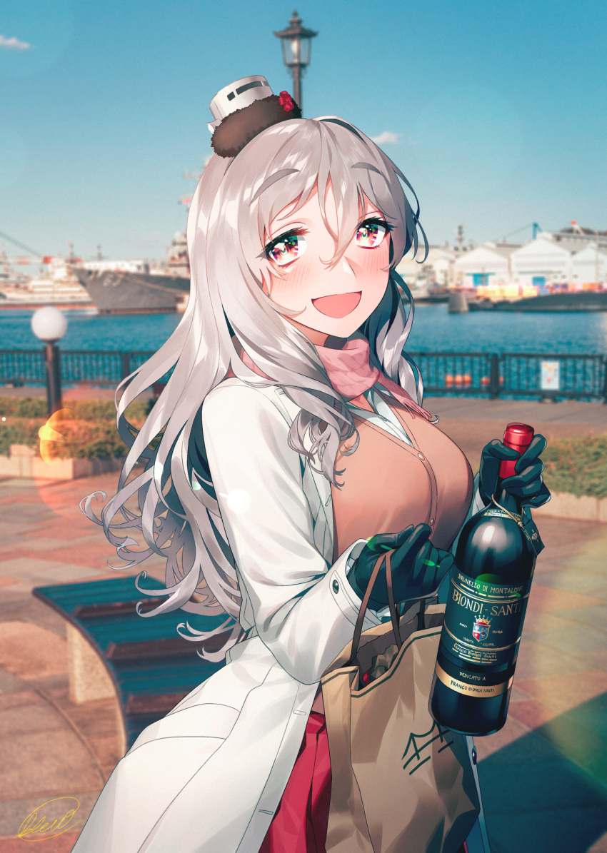 1girl black_gloves blew_andwhite blush bottle breasts brown_eyes coat day eyebrows_visible_through_hair gloves hat highres holding holding_bottle kantai_collection large_breasts light_brown_hair long_hair long_sleeves looking_at_viewer mini_hat official_alternate_costume open_clothes open_coat open_mouth pola_(kancolle) red_skirt skirt smile solo upper_body wavy_hair white_coat white_headwear