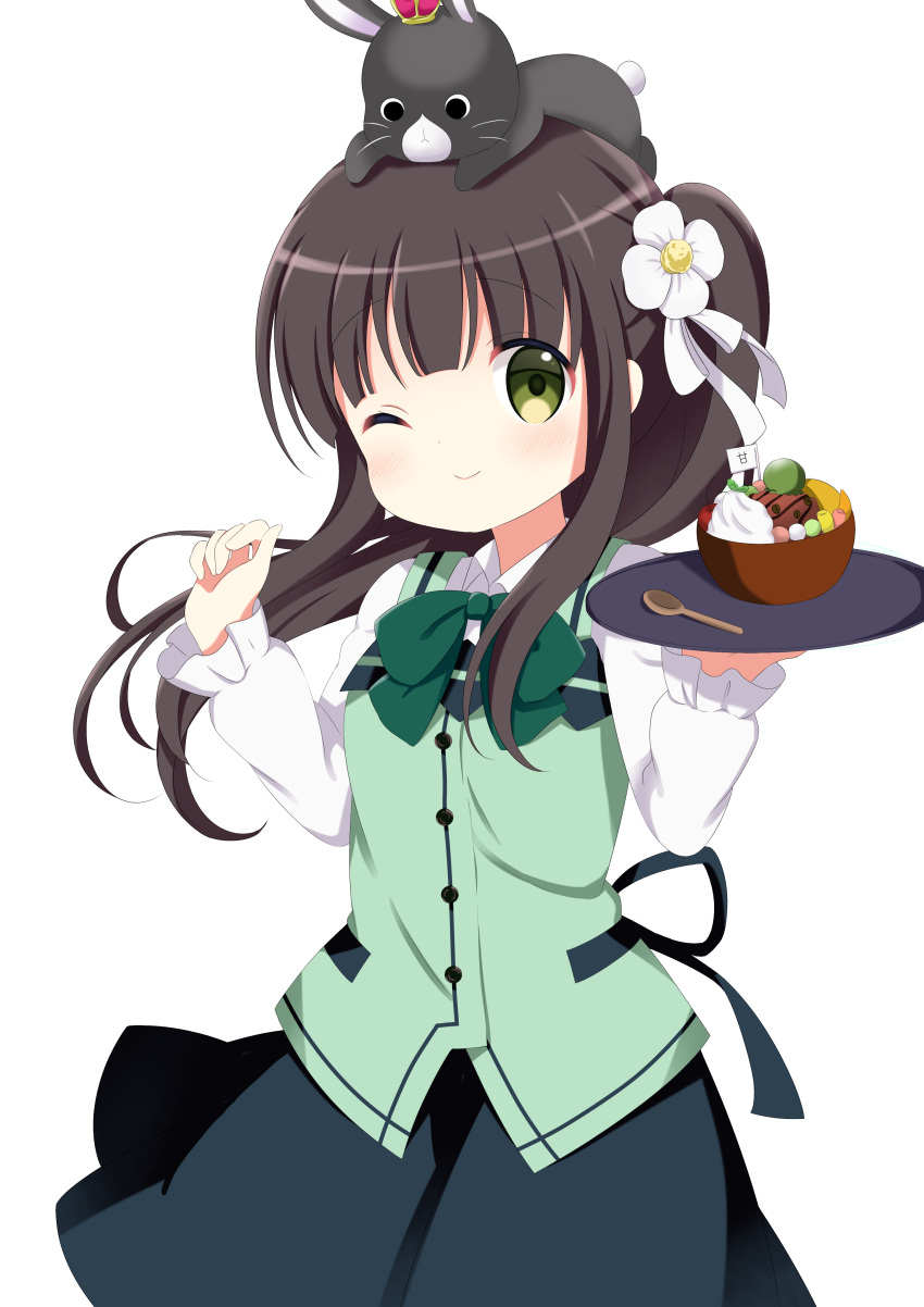 ;) absurdres animal_on_head anko_(gochiusa) bangs blunt_bangs border bow bowtie brown_hair closed_mouth cowboy_shot flower gochuumon_wa_usagi_desu_ka? green_bow green_bowtie green_eyes green_skirt green_vest hair_flower hair_ornament highres holding holding_tray long_hair long_sleeves on_head one_eye_closed rabbit-hinata rabbit_house_uniform shirt simple_background skirt smile tray twintails ujimatsu_chiya vest w_arms white_border white_shirt