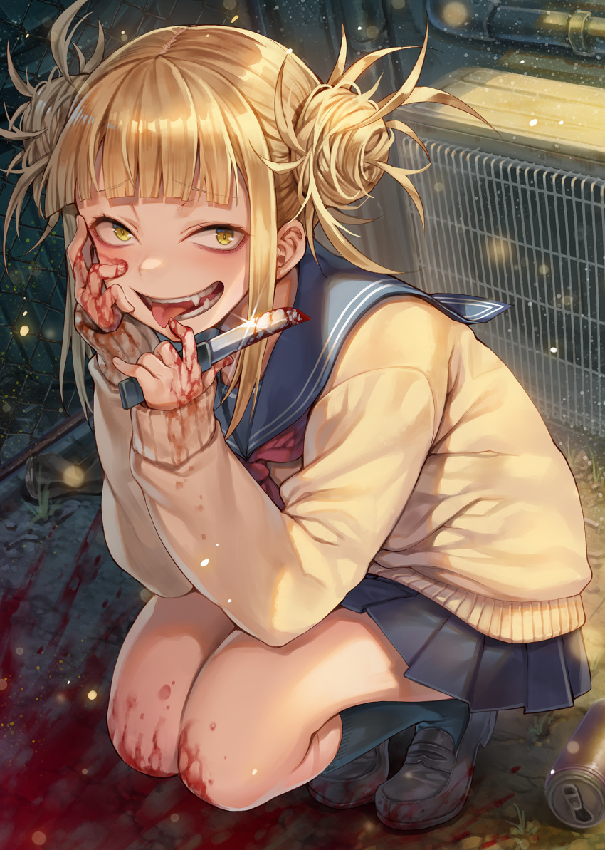 1girl air_conditioner alley bangs black_footwear blood blood_on_clothes blood_on_face blood_on_hands blood_on_knife blood_splatter blue_legwear blue_sailor_collar blue_skirt blunt_bangs blush boku_no_hero_academia can cardigan chain-link_fence commentary dirt_floor double_bun eyelashes fang fence from_above full_body hagure_keg hair_up hand_on_own_face highres holding holding_knife knife light_particles loafers looking_at_viewer looking_up messy_hair neckerchief open_mouth pipe pleated_skirt pool_of_blood raised_eyebrows red_neckerchief sailor_collar sanpaku school_uniform serafuku shadow shoes sidelocks skirt slit_pupils smile socks soda_can solo squatting toga_himiko tongue tongue_out yellow_cardigan yellow_eyes