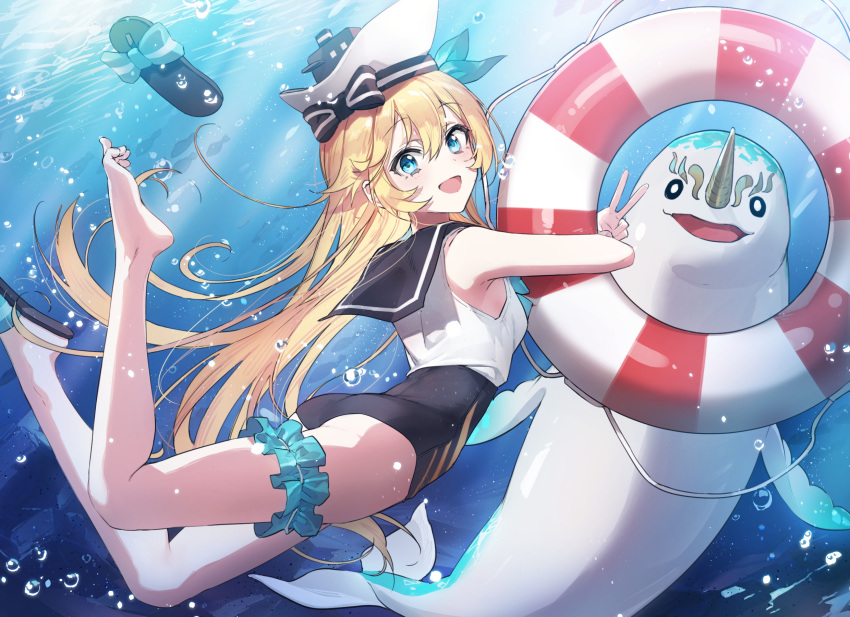 1girl air_bubble artist_request bangs barefoot black_bow black_footwear black_sailor_collar black_shorts blonde_hair blue_bow blue_eyes bow bubble commentary_request dolphin eyebrows_visible_through_hair freediving hat high-waist_shorts highres holding_lifebuoy leg_garter lifebuoy long_hair looking_at_viewer masterwork_apocalypse nautilus_(masterwork_apocalypse) open_mouth sailor_collar sailor_hat sandals second-party_source shirt shorts sleeveless sleeveless_shirt smile solo swimming underwater v very_long_hair water white_headwear white_shirt
