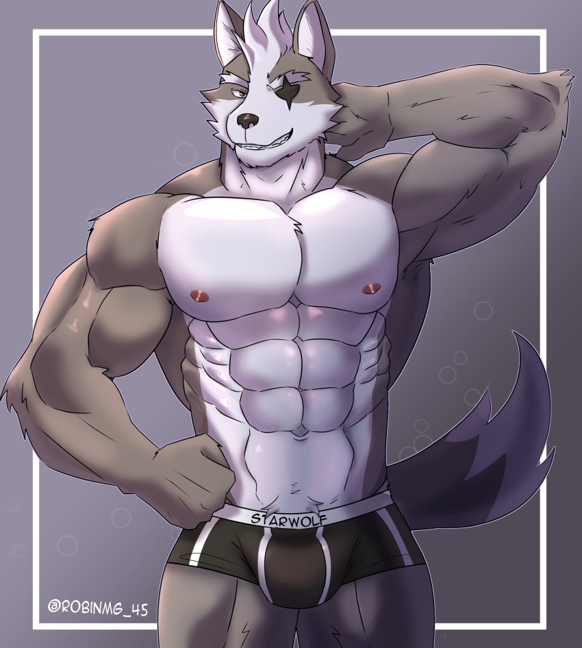 2022 abs absurd_res anthro big_muscles bulge canid canine canis clothing countershade_torso countershading english_text eye_patch eyebrows eyewear front_view fur grey_background grey_body grey_fur hair hand_behind_head hand_on_hip hi_res looking_at_viewer male mammal muscular muscular_anthro muscular_male navel nintendo nipples obliques pecs pink_nipples robinmg_45 simple_background smile solo standing star_fox teeth text text_on_clothing text_on_underwear tuft underwear url video_games white_body white_countershading white_eyebrows white_fur white_hair wolf wolf_o'donnell