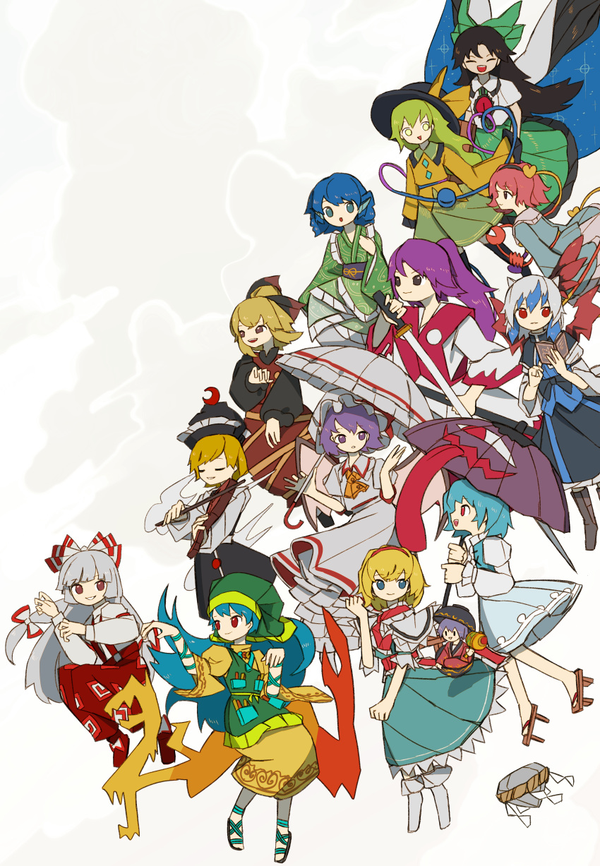 6+girls absurdres alice_margatroid anime_coloring apron aqua_dress aqua_hair aqua_vest ascot bangs black_bow black_capelet black_hair black_headwear black_legwear black_skirt black_sleeves blonde_hair blue_cape blue_eyes blue_hair blue_shirt blue_skirt bobby_socks book boots bow bow_(music) bowl brown_dress brown_eyes brown_footwear brown_ribbon buttons cape capelet claw_pose closed_eyes collared_shirt crescent crescent_hat_ornament cross-laced_footwear dress eyebrows_visible_through_hair facing_viewer floating frilled_hat frilled_kimono frilled_ribbon frilled_shirt frilled_skirt frilled_umbrella frills from_side fujiwara_no_mokou geta green_apron green_eyes green_hair green_headwear green_kimono green_skirt grey_hair hair_bow hair_bun hairband hand_up haniyasushin_keiki hat hat_bow hat_ornament head_fins head_scarf head_wings highres holding holding_book holding_sword holding_umbrella holding_weapon horns instrument japanese_clothes jewelry juliet_sleeves karakasa_obake kataginu katana kimono komeiji_koishi komeiji_satori kurodani_yamame long_hair long_sleeves looking_at_another looking_at_viewer looking_away lunasa_prismriver magatama magatama_necklace medium_hair meira_(touhou) minigirl miracle_mallet mob_cap multicolored_hair multiple_girls music neck_ribbon necklace neruzou no_nose obi obijime ofuda ofuda_on_clothes open_book open_mouth pants pink_hair pink_skirt playing_instrument ponytail profile puffy_sleeves purple_eyes purple_hair purple_sash purple_umbrella red_eyes red_footwear red_hairband red_kimono red_pants red_ribbon red_vest reiuji_utsuho remilia_scarlet ribbon rock rope sandals sash shide shimenawa shirt shoes short_hair short_sleeves silver_hair skirt sleeves_past_fingers sleeves_past_wrists smile socks starry_sky_print sukuna_shinmyoumaru suspenders sword tatara_kogasa third_eye tokiko_(touhou) touhou two-tone_hair umbrella very_long_hair vest violin wakasagihime weapon white_background white_bow white_dress white_headwear white_kimono white_legwear white_shirt white_umbrella wide_sleeves wings yellow_ascot yellow_bow yellow_dress yellow_shirt |_|