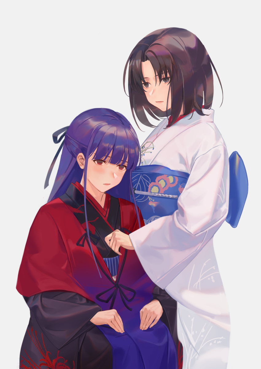 2girls absurdres asagami_(hnt16303310) asagami_fujino bangs black_eyes black_hair black_kimono black_ribbon blunt_bangs closed_mouth commentary fate/grand_order fate_(series) fingernails grey_background hair_ribbon highres invisible_chair japanese_clothes kara_no_kyoukai kimono lips long_hair multicolored_clothes multicolored_kimono multiple_girls obi parted_bangs pink_lips purple_hair red_eyes red_kimono ribbon ryougi_shiki sash short_hair simple_background sitting white_kimono wide_sleeves