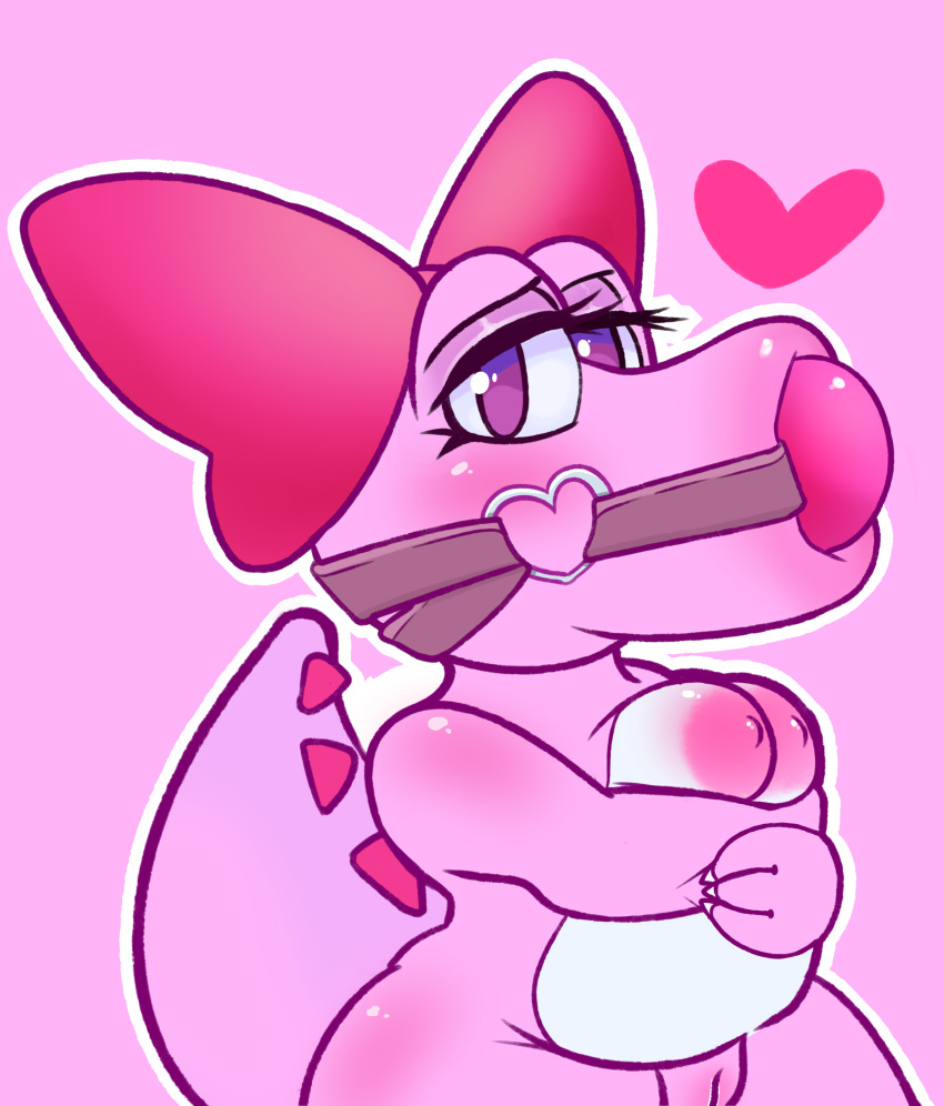 &lt;3 absurd_res anthro ball_gag big_breasts birdo breasts crossed_arms dsmm_(artist) female gag genitals hi_res looking_at_viewer mario_bros nintendo nude pink_background pussy simple_background solo video_games