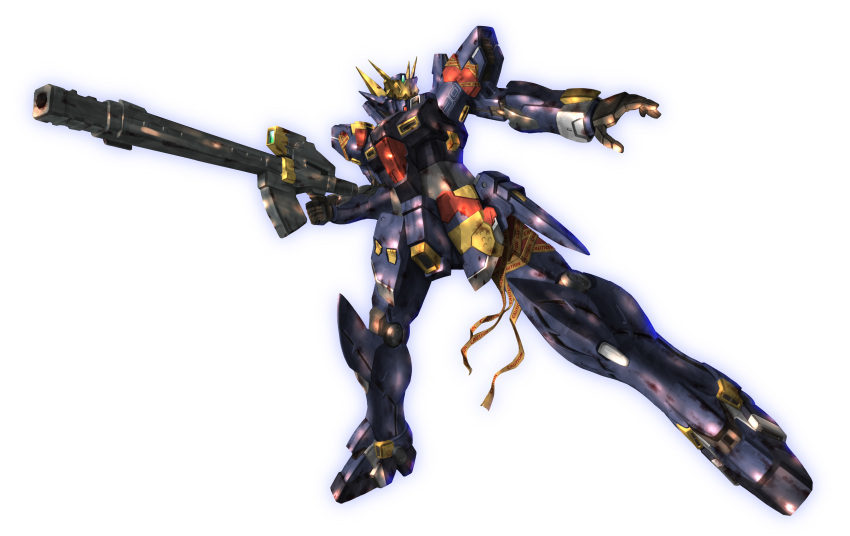 absurdres caution_tape floating gun highres holding holding_gun holding_weapon huckebein_30 kainansang looking_to_the_side mecha morishita_naochika_(style) no_humans open_hand science_fiction solo super_robot_wars super_robot_wars_30 weapon white_background