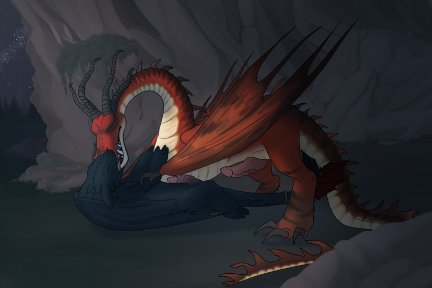 canid canine claws cuddling dragon dreamworks duo fivers11 fox french_kissing hookfang_(httyd) how_to_train_your_dragon humanoid kissing love lying male male/male mammal on_back raised_tail teeth toothless wyvern