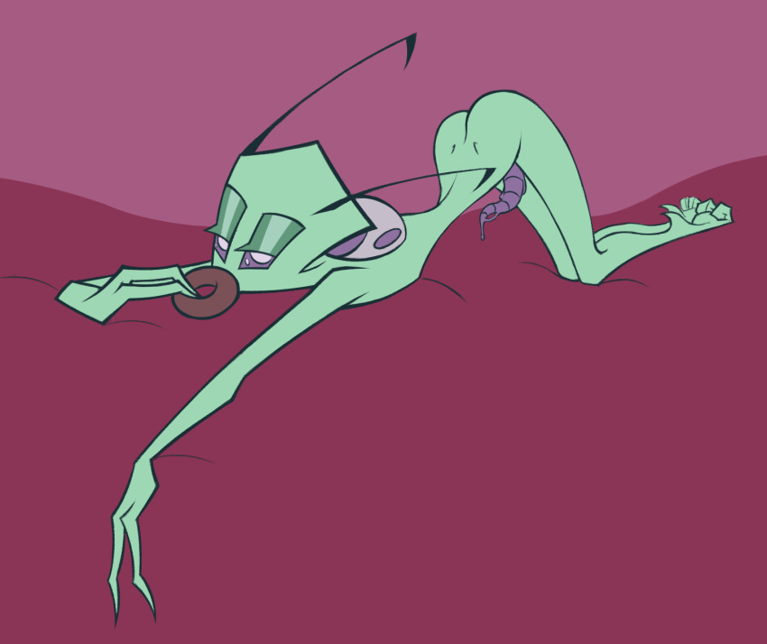 alien alien_genitalia alien_humanoid almighty_tallest_purple ass_up bed bedroom_eyes butt eating furniture genitals green_body green_skin grey_body hi_res humanoid invader_zim irken lewdofdoom male narrowed_eyes nickelodeon on_bed penis purple_eyes seductive solo