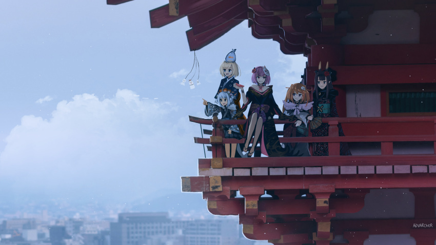 5girls anonamos artist_name bag bangs bare_shoulders black_kimono blonde_hair blue_eyes blue_hair blue_kimono blue_skirt blunt_bangs building cloud cloudy_sky commentary_request cup fish fox_mask gawr_gura goldfish hand_fan highres holding holding_cup holding_fan hololive hololive_english holomyth japanese_clothes kimono long_hair looking_at_another looking_away mask medium_hair mori_calliope multiple_girls nanashi_mumei ninomae_ina'nis obi off_shoulder official_alternate_costume orange_hair pagoda pink_hair plastic_bag pleated_skirt pointing pointy_ears sakazuki sandals sash scenery short_hair skirt sky skyline smile takanashi_kiara teruterubouzu tower virtual_youtuber watson_amelia